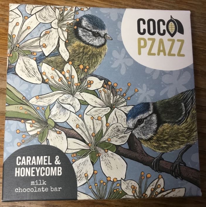 Coco Pzazz Caramel & Honeycomb Milk chocolate bar - 'Hedgerow Blue