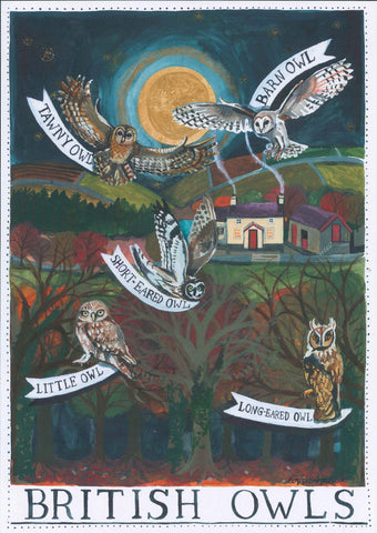 Poster 'British Owls' gan Lizzie Spikes