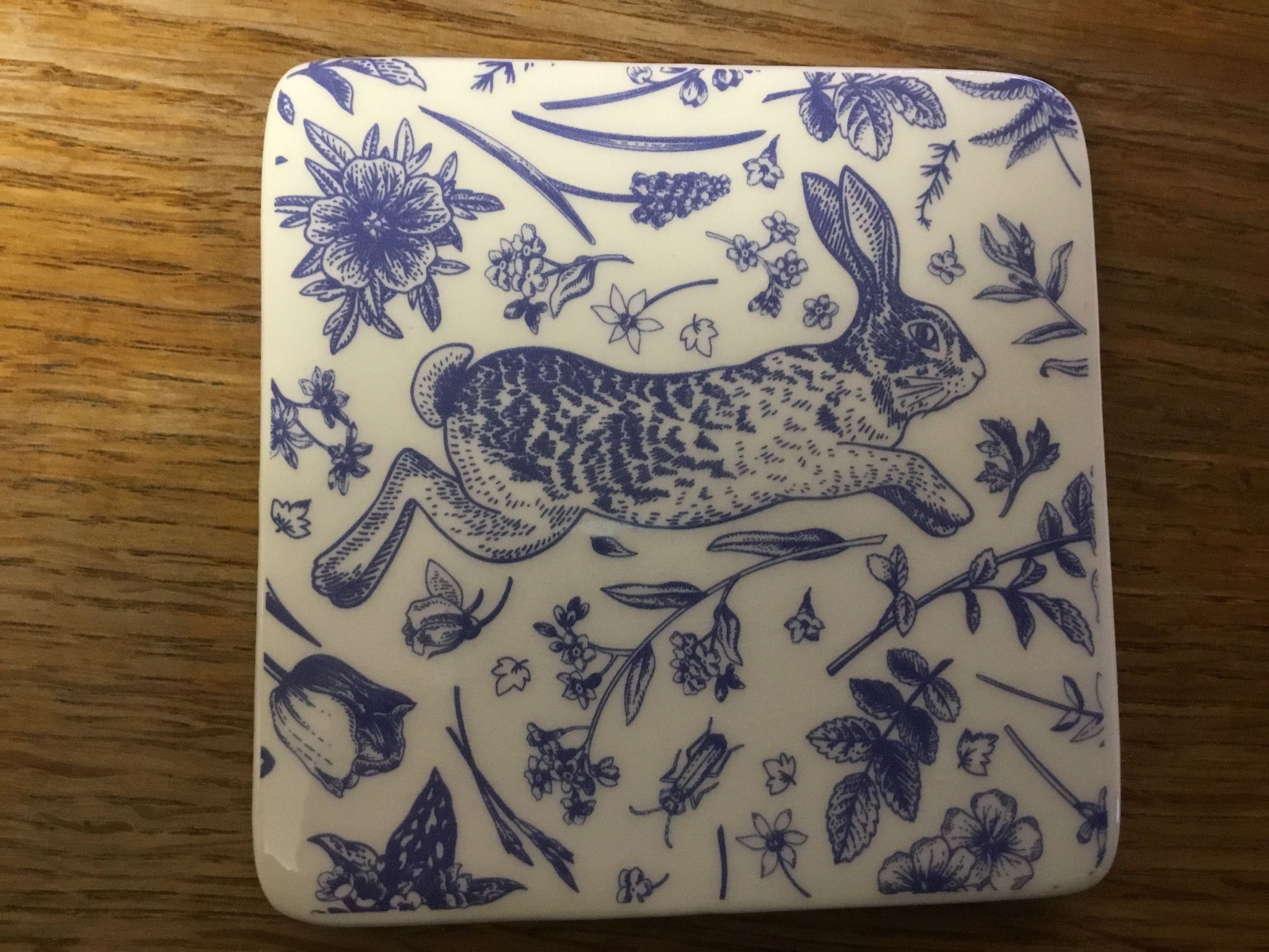 'Blue Hare and Floral' Ceramic Coaster