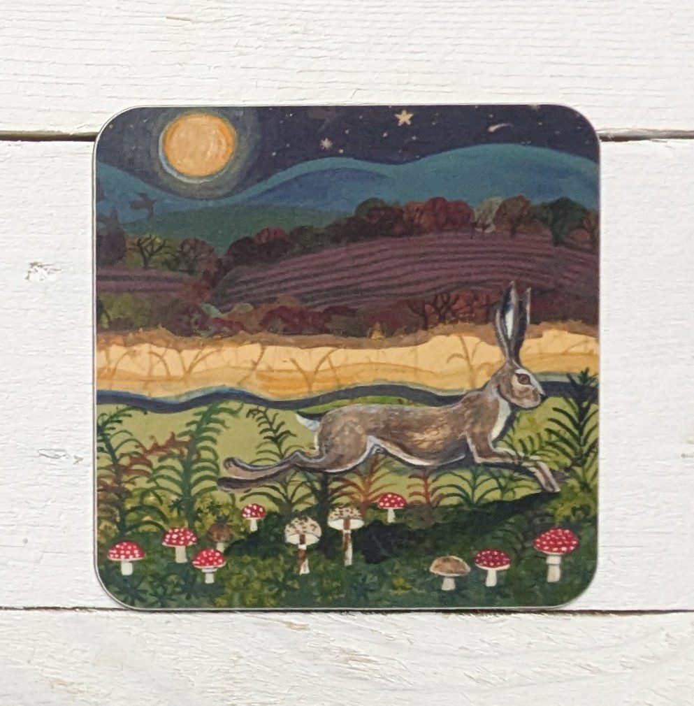 Hare and Mushrooms Square Coaster by Lizzie Spikes