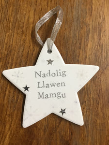 Ceramic Star Christmas Decoration - 'Nadolig Llawen Mamgu'