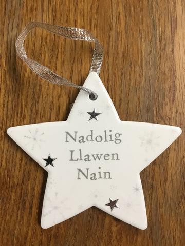 Ceramic Star Christmas Decoration - 'Nadolig Llawen Nain'