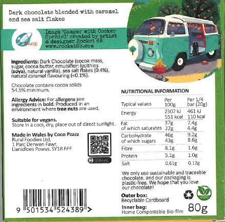 Bar Siocled Tywyll Caramel a Halen Môr Coco Pzazz  - 'Fan Wersylla'