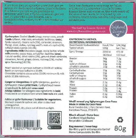 Coco Pzazz Bar siocled llaeth Bara Brith - 'Cariad'