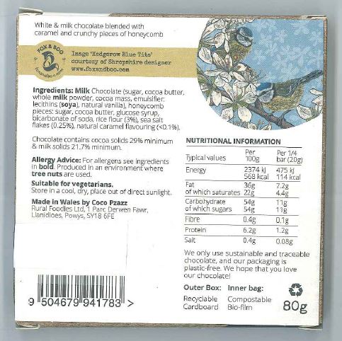 Coco Pzazz Caramel & Honeycomb Milk chocolate bar - 'Hedgerow Blue Tits'