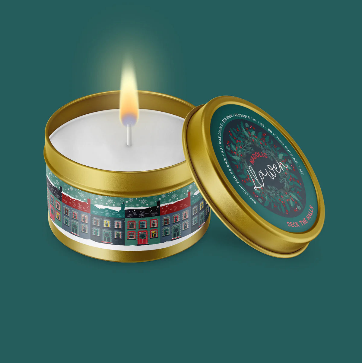 Christmas Candle in a tin - 'Deck the Halls'