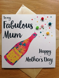 Cerdyn cyfarch Sul y Mamau - cynllun 'Pom Poms a Prosecco'