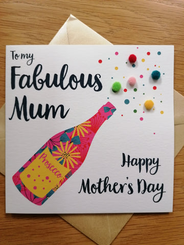 Sul y Mamau (Mother's Day) greetings card - 'Pom Poms and Prosecco' Design