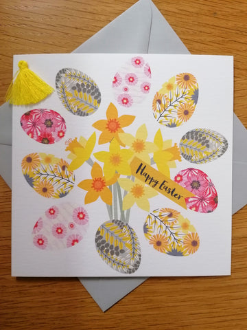 Easter Greetings card - 'Tasseled Easter Eggs & Daffodils' Design (English version)