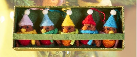 Set o 5 Addurniad Nadolig Robin Ffelt