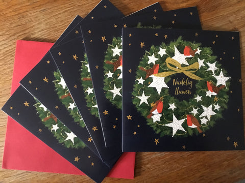 Pack of 5 Charity Christmas Cards - 'Robin & Stars Wreath'