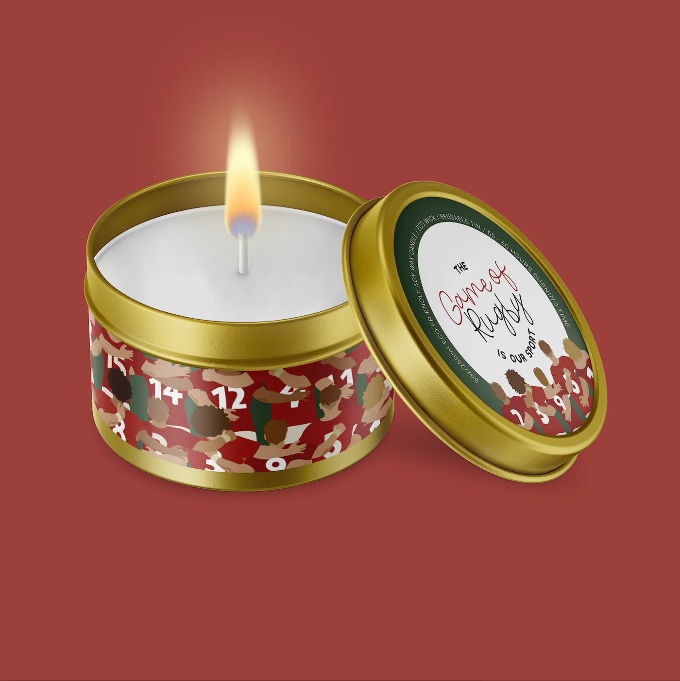 Christmas Candle in a tin - 'The Game of Rugby is our Sport'