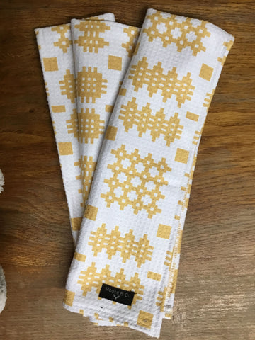 'Welsh Tapestry Print' (Mustard) Waffle Tea Towel