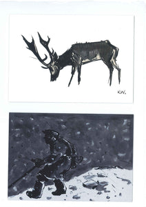 'Stag' and 'Farmer with Stick in a Snowstorm' Christmas Cards by Kyffin Williams