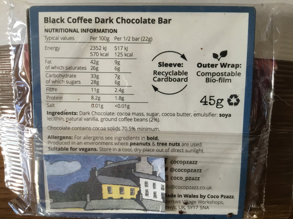Coco Pzazz Black Coffee Dark chocolate bar