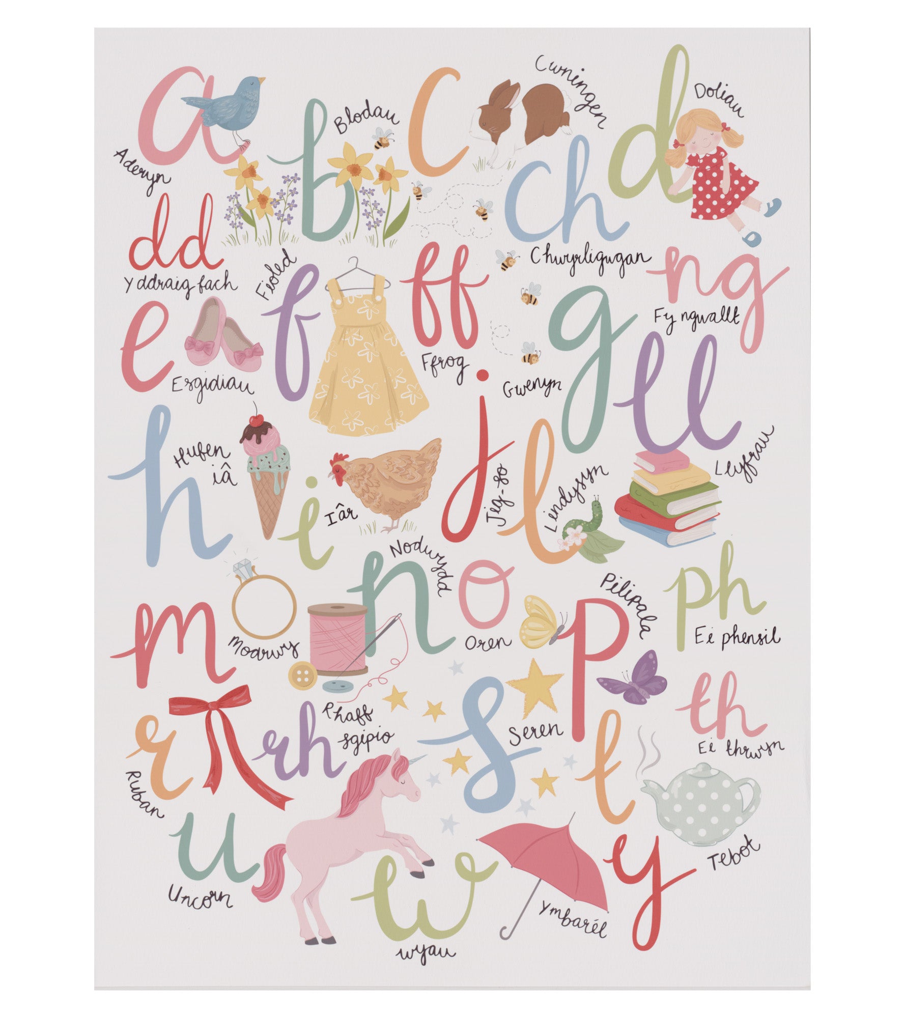 'Yr Wyddor' (the Welsh alphabet) unframed print by Megan Tucker - Pastel Brights