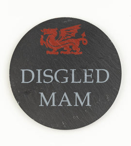 Mat diod llechen crwn 'Disgled Mam' (draig goch) 