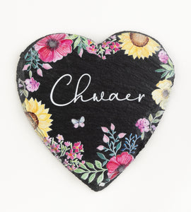 Heart Shaped Slate Coaster - Chwaer