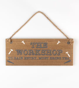Arwydd pren i'w hongian 'workshop'/'tool rules'