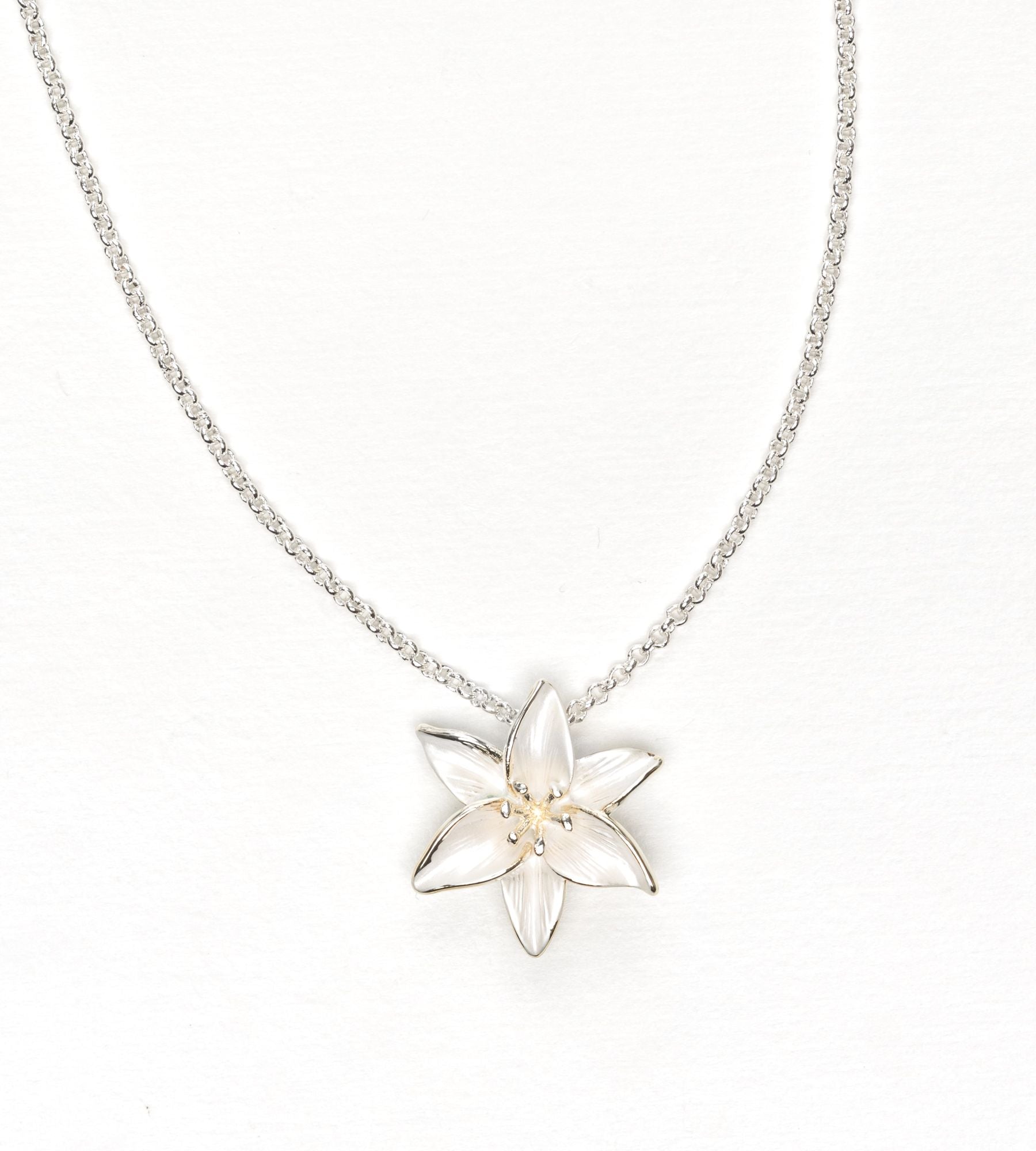 Enamel lily pendant on silver-plated chain