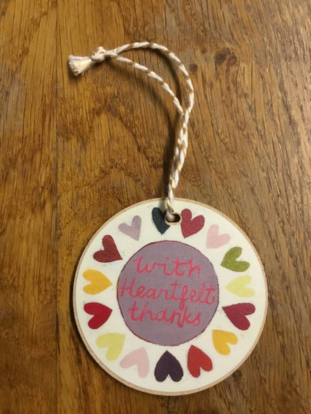 'With heartfelt thanks' Wooden Hanging Decoration by Lizzie Spikes